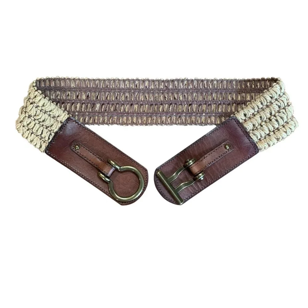 Fossil Leather & Macrame Stretch Belt with Burnished Gold Buckle Womens O/S - Picture 1 of 14